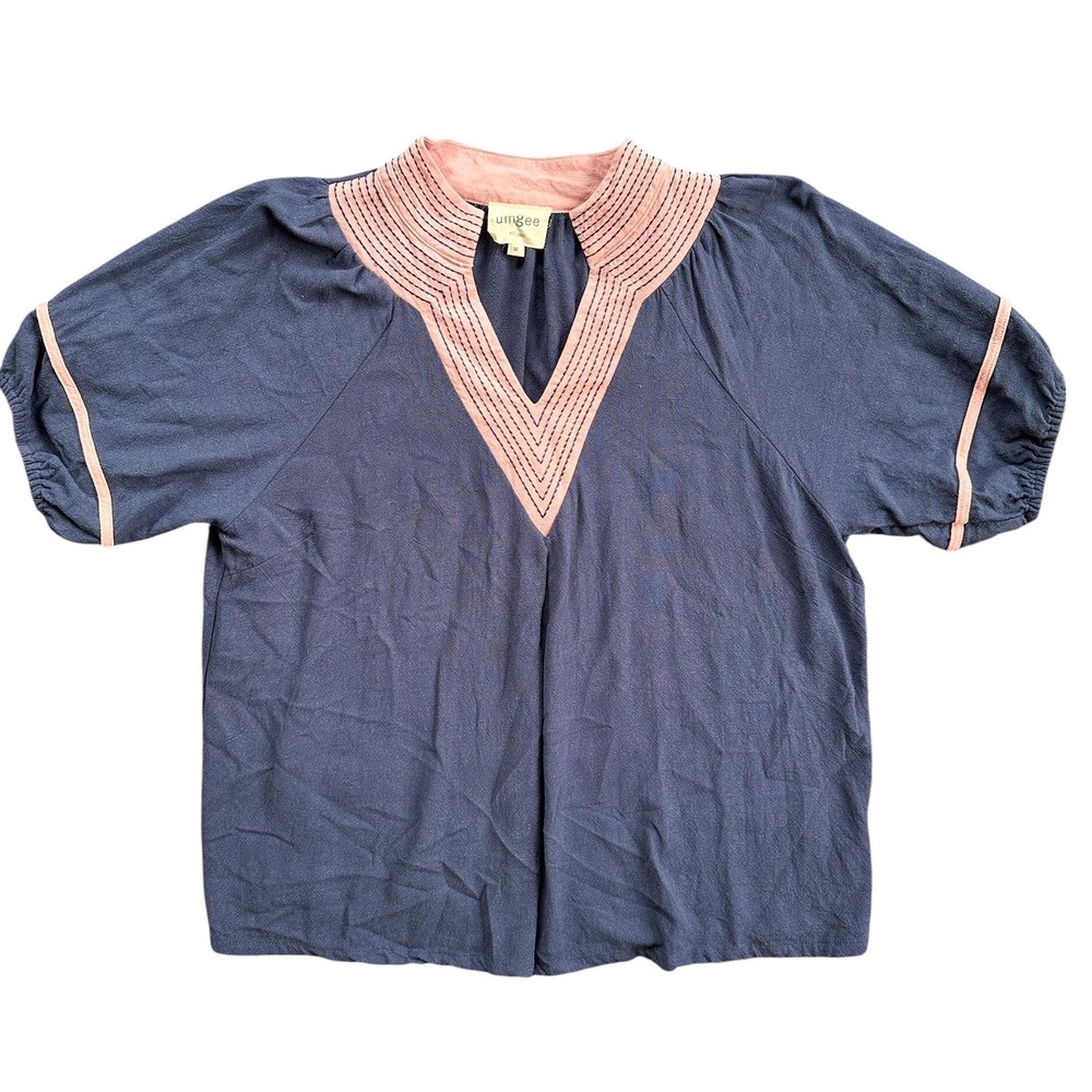 Umgee Linen Blouse Wmns Size M Navy Blue Pink Trim Boho Split Neck Top Excellent